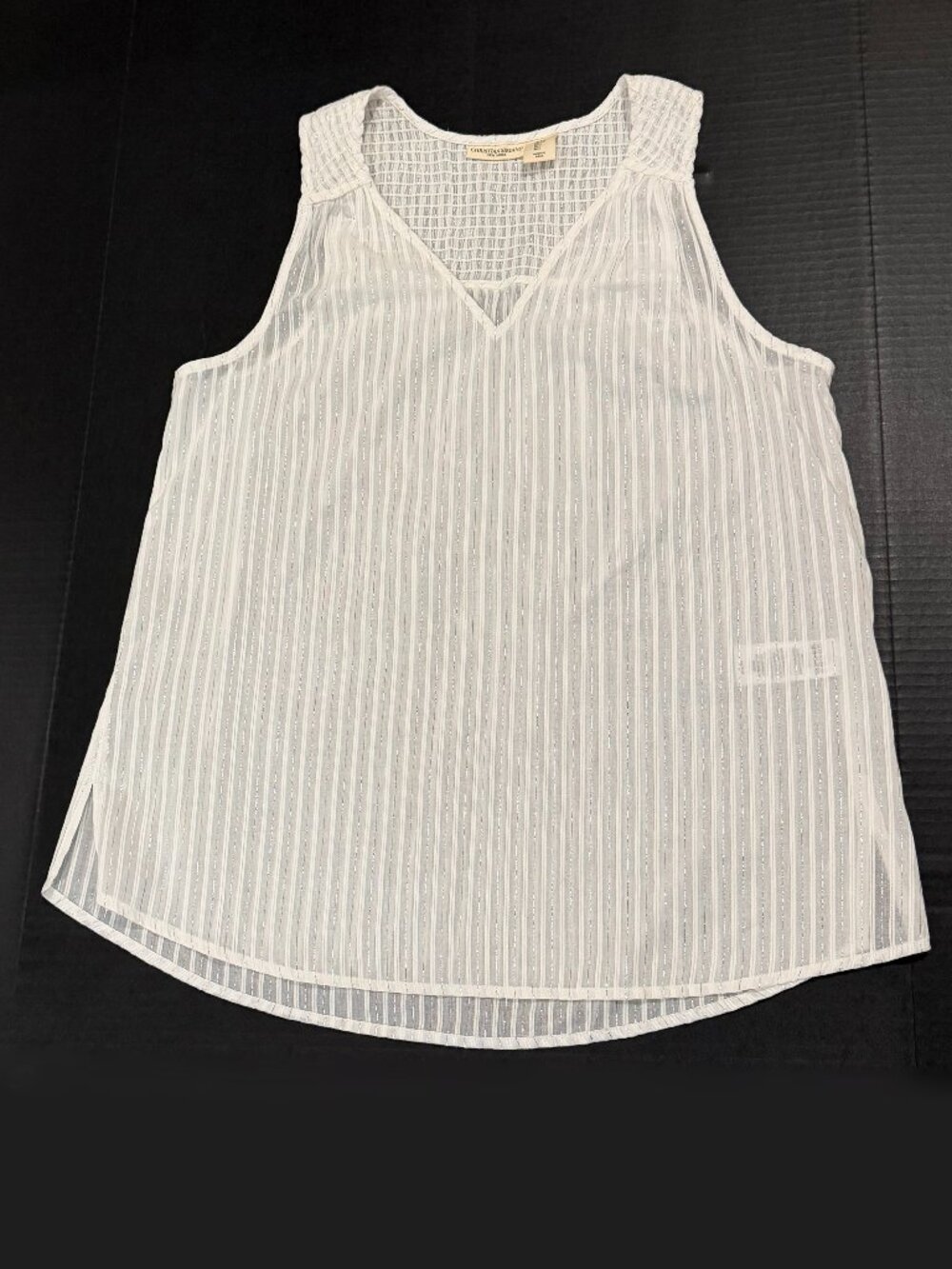 Sheer Christian Siriano NY White Metallic Stripe Smocked Tank Top Size L